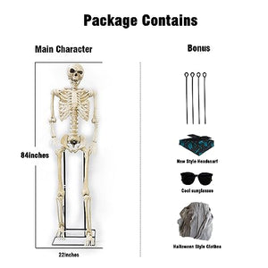 KiLiKuaLa 7Ft/84 Giant Halloween Skeleton Pose-N-Stay Life Size Skeleton Full Body Realistic Human Bones with Posable Joint for Halloween Decor Haunted House Graveyard Props Spooky Party Decoration