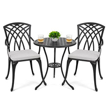 Load image into Gallery viewer, Nuu Garden 3 Piece Bistro Table Set Cast Aluminum Outdoor Patio Furniture with Umbrella Hole and Grey Cushions for Patio Balcony, Black with Golden Powder
