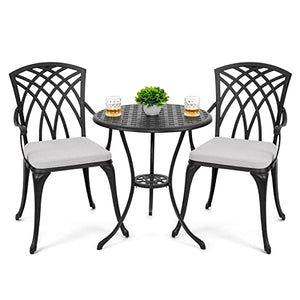Nuu Garden 3 Piece Bistro Table Set Cast Aluminum Outdoor Patio Furniture with Umbrella Hole and Grey Cushions for Patio Balcony, Black with Golden Powder