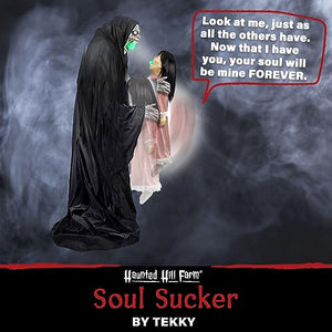 Haunted Hill Farm Soul Sucker Demon Reaper with Child by Tekky, Motion-Activated Talking Scare Prop Animatronic for Creepy Indoor or Covered Outdoor Halloween Decoration, Plug-in or Battery Operated