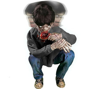 Haunted Hill Farm Crouching Limb Eater Zombie Boy by Tekky, Motion-Activated Scare Prop Animatronic for Indoor or Covered Outdoor Creepy Halloween Decoration, Plug-in or Battery Operated