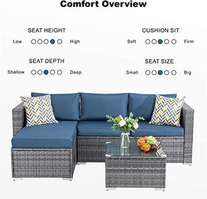 JAMFLY Outdoor Patio Furniture Sets, All-Weather Rattan Outdoor Sectional Sofa with Tea Table and Cushions Upgrade Wicker Patio sectional Sets 3-Piece (Aegean Blue)