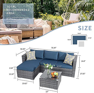 JAMFLY Outdoor Patio Furniture Sets, All-Weather Rattan Outdoor Sectional Sofa with Tea Table and Cushions Upgrade Wicker Patio sectional Sets 3-Piece (Aegean Blue)