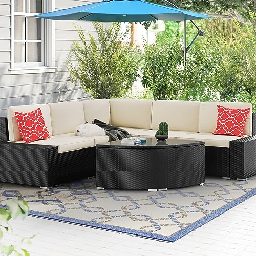 Kieperi 6 Pieces Patio Furniture Set, Outdoor Sectional Sofa, Wicker Outdoor Furniture Patio Sectional Set(Black)