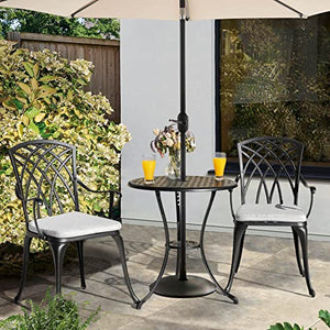 Nuu Garden 3 Piece Bistro Table Set Cast Aluminum Outdoor Patio Furniture with Umbrella Hole and Grey Cushions for Patio Balcony, Black with Golden Powder